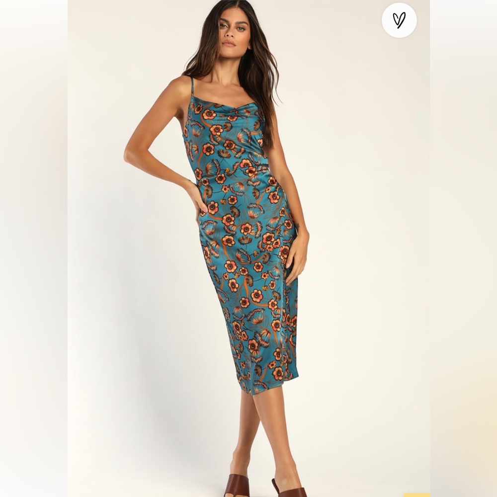 Lulu’s Teal Floral Print Satin Midi Dress (Medium)
